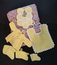 Newborn Crochet Baby Blanket Knitted Infant Yellow Sweater, 3 Booties 2 Bibs