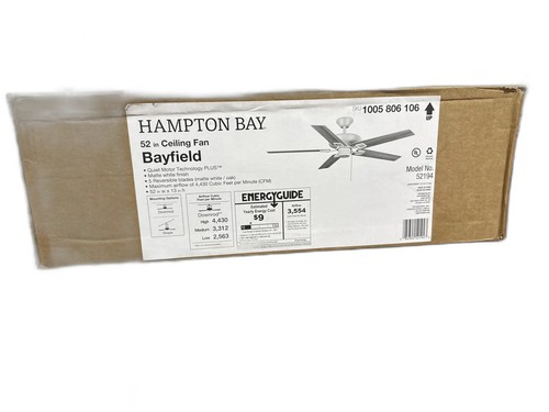 Hampton Bay Bayfield 52 in. Indoor Matte White Dry Rated Downrod Ceiling Fan NEW - Picture 16 of 17