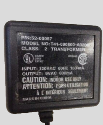 Transformer AC Adapter Model Model: T41-090800-A020B Part No:52-00057 