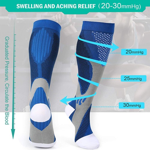 Wide Calf Circulation Knee Socks 20-30 mmhg For Running Athletic Nursing Travel - Picture 3 of 14