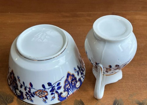 Antique Porcelain English Blue and Orange Bowl & Creamer Gold Gild Rim Edging - Imagen 6 de 6