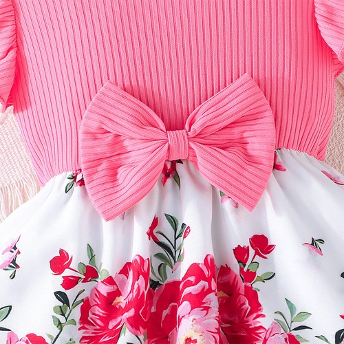 Toddler Baby Girl Ribbed Ruffle Foral Bowknot Princess Mini Dress Summer Clothes - Picture 8 of 13
