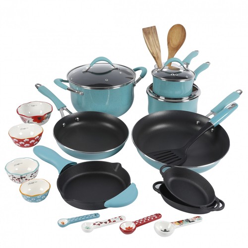 Cookware Set Nonstick 24-Piece Kitchen Pots and Pans Lids Cast Iron Skillet Blue - Picture 1 of 12