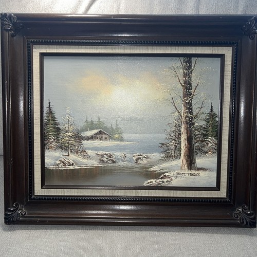 Original Oil On Canvas Snowy Cabin Pine Trees On The Lake Signed Bruce Pencock - Picture 10 of 11
