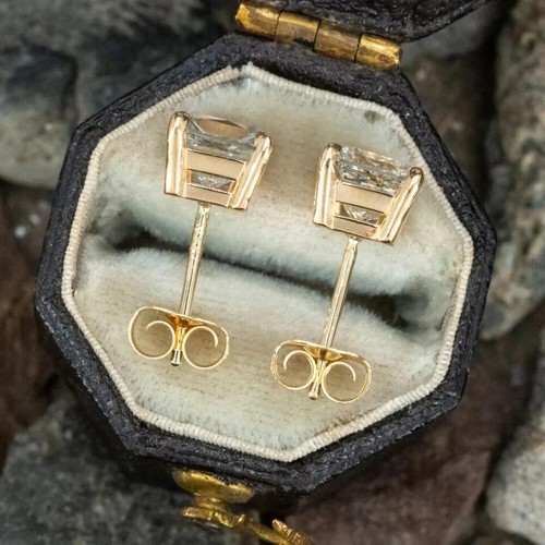 4Ct Princess Cut Lab Created Diamond Women Stud Earrings 14k Yellow Gold Plated - Picture 2 of 8