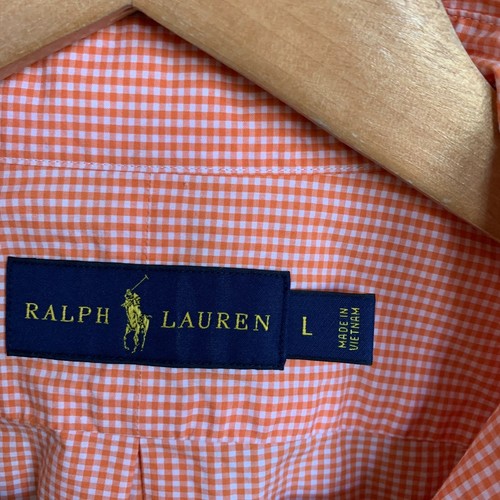 Ralph Lauren Shirt Orange White Check Long Sleeve Buttons Navy Pony Logo Size L - Picture 8 of 8