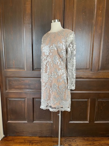 Kleid The Population Grace Silber Paillettenkleid Blumen Transparent Langarm Gr. L - Bild 7 von 19