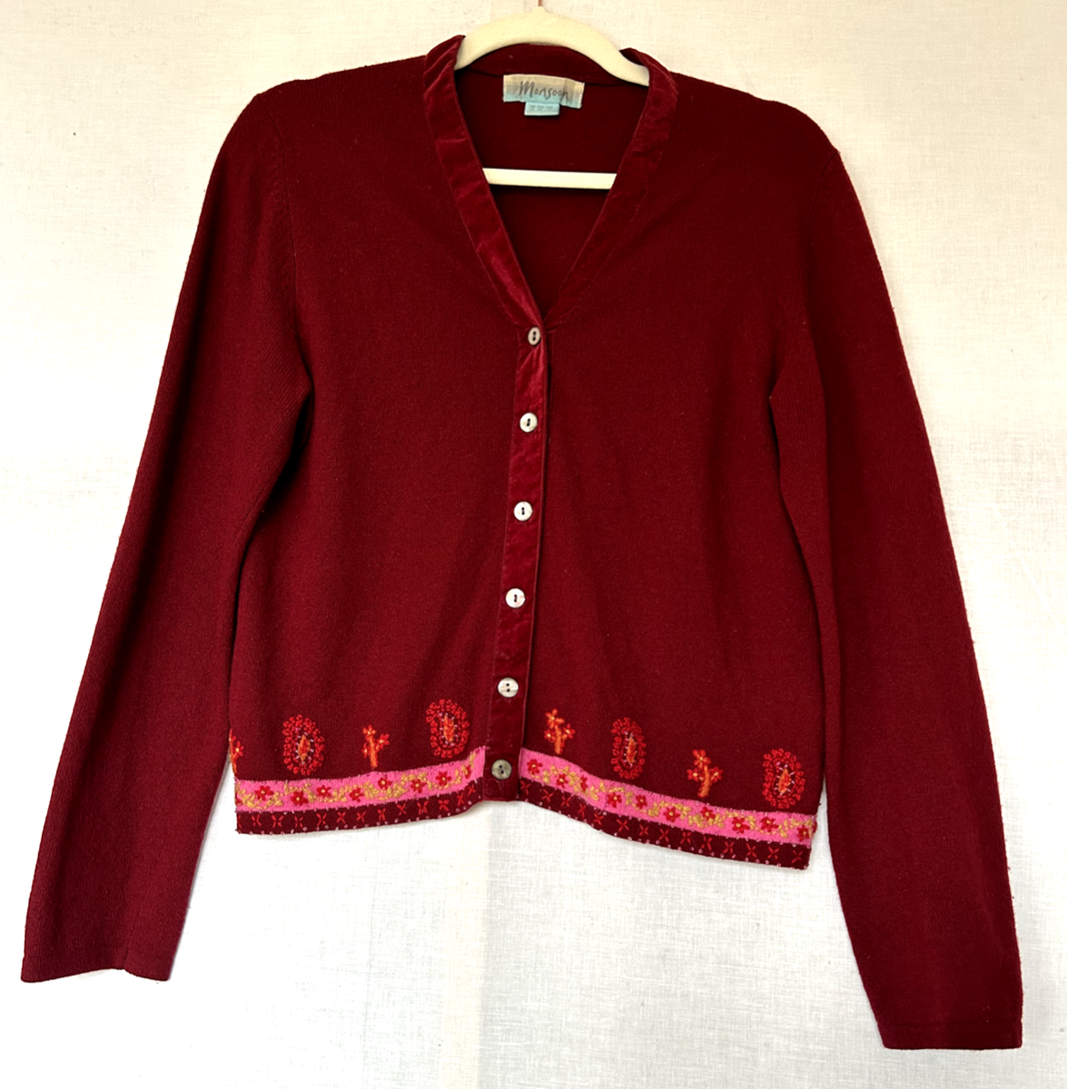 MONSOON Cardigan 14 Burgundy Lambswool with Embroidery Beads