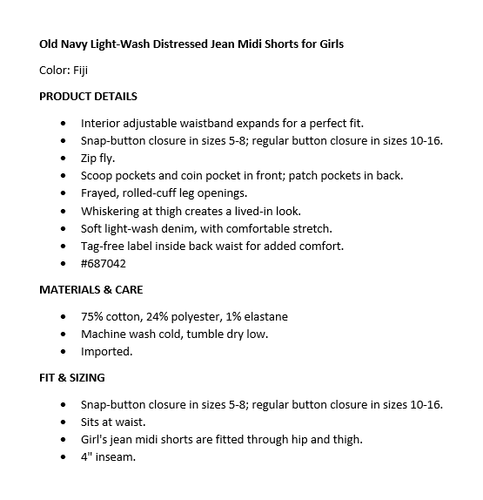 Old Navy Girls Frayed-Hem Jean Midi Short Various Colors & Sizes NWT Up to $27 - Picture 8 of 23