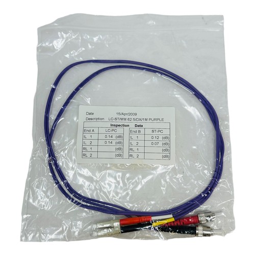 FIBER OPTIC CABLE LC-ST/MM 62.5/DX/1M PURPLE END A .14/.14dB END B .12/.07dB NOS - Picture 1 of 4