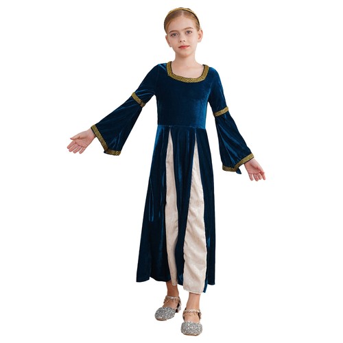 Kids Girls Costume Opera Dress Wrinkleless Gown Square Neck With Headpiece Robe - Picture 7 of 34