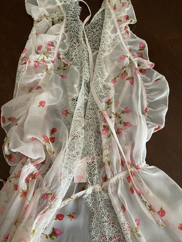 Vintage Victoria Secret transparentes langes Nachthemd Wickeloptik vorne offen rosa Blumen Spitze S - Bild 10 von 10
