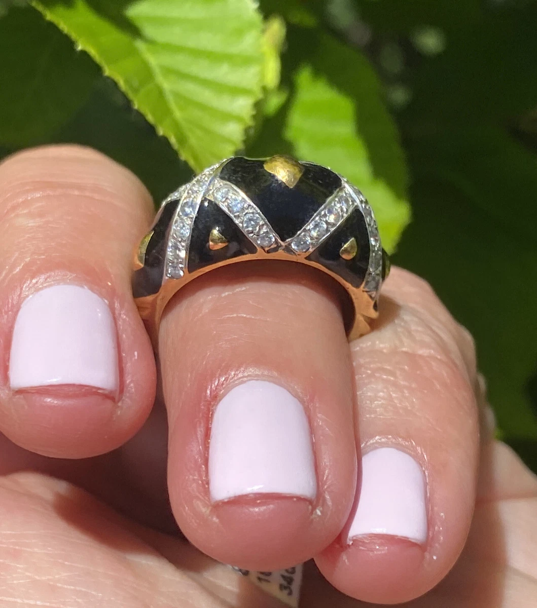Hidalgo 18K Yellow Gold Diamond XX Kiss Black Enamel Domed Wide