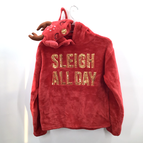 Cute Christmas Hoodie XL Red Velour Reindeer Sequins Antlers Sleigh All Day - Picture 6 of 7