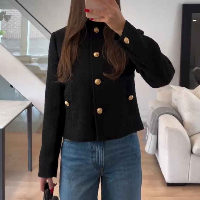 NWT ZARA Preppy Short Textured Jacket Black/Gold-colored