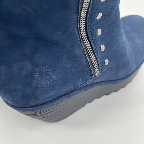 FLY LONDON Yemi Ankle Boots Blue Suede Zip Platform Leather Studs EU 40 US 9-9.5 - Picture 14 of 14