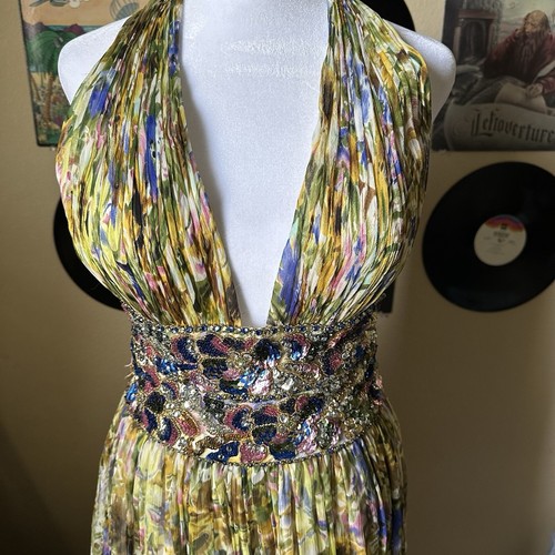 Jovani 100% Silk Beaded Floral Maxi Formal Halter Dress Size 6