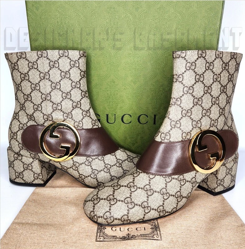 Bottines GUCCI 41 beige GG Supreme toile BLONDIE marron cuir or logo GG