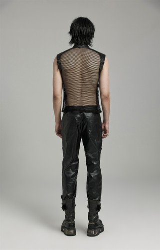 PUNK RAVE Men Black Gothic Punk Handsome Mesh Leather Loop Hollow Vest Waistcoat - Picture 19 of 21