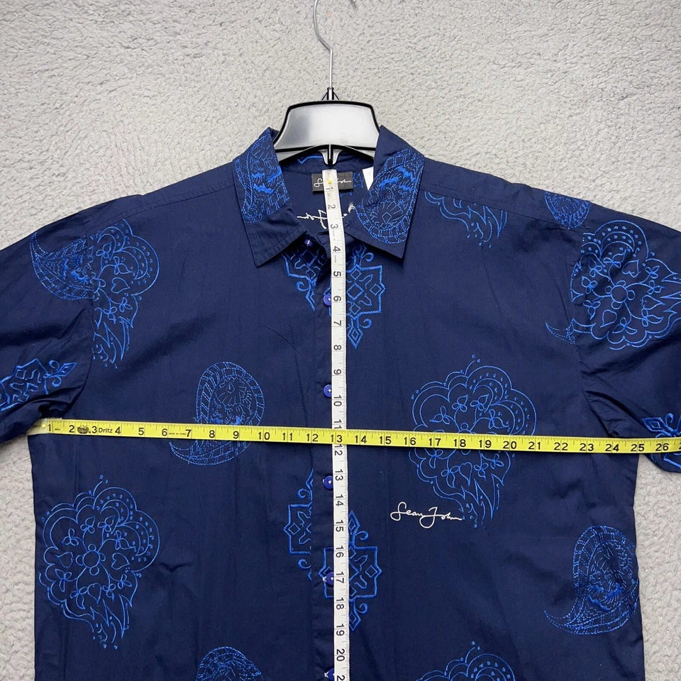 Sean John Shirt Mens M Blue Paisley Button Up Embroidered Casual Streetwear Foto 2 de 4