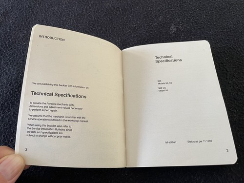 1992-1995 Porsche 968 CS Technical Specification Book 1993 968 Club Sport 1st Ed - Picture 4 of 10