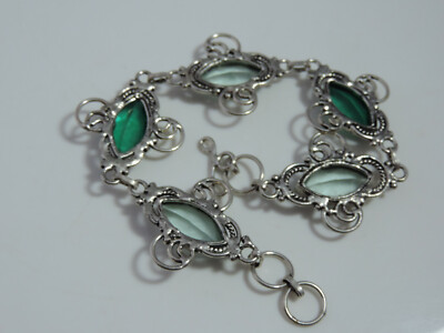 Bracelet Vintage En Argent 800 Avec Pierre Marquise Géante Vert émeraude Bleu Turquoise - Style Fantaisie