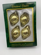 Vintage Christmas Classics Glass Ball Ornaments Commodore Gold Glitter Set Of 4