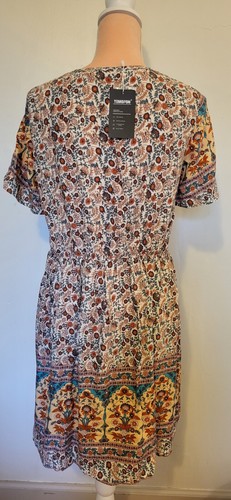 Neu mit Etikett Temofon Damen S Bohemian Erdton Blumen V-Ausschnitt Kurzarm Kleid Indien - Bild 9 von 13
