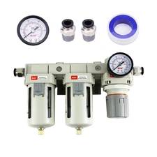 RIH Pneumatics DFR-04 1/2'' NPT Compressed Air Double Filter & Regulator, Air...