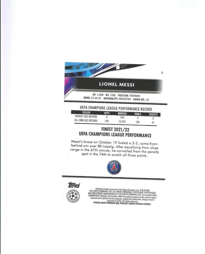 2021-22 Topps Finest Uefa Champions League - Lionel Messi #1 view 2