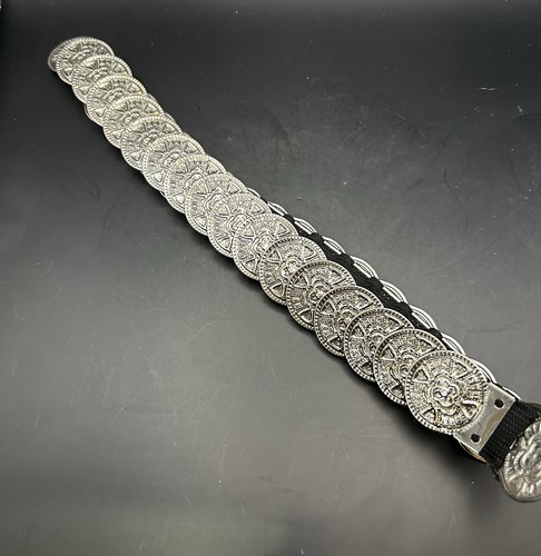 Vintage Medallion Waist Belt Silver Tone Metal Coin Stretch Elastic - Picture 8 of 9