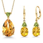 18K Yellow Gold Plated Silver Citrine and Peridot Pendant Earrings Jewelry Set