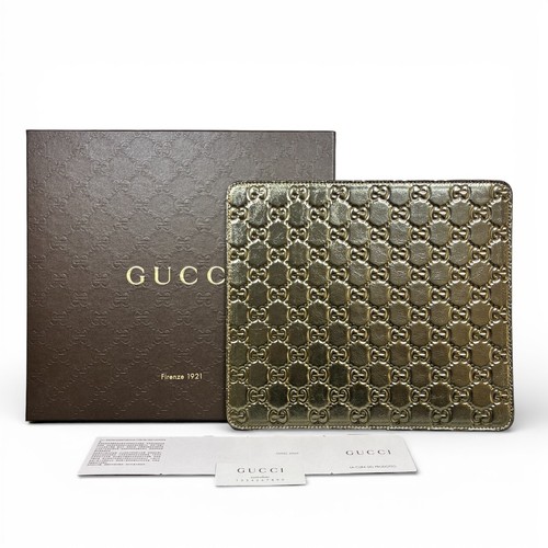 Unused GUCCI Guccissima GG Leather Mouse Pad Desk Mat Metallic Gold w/ Box Card