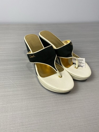 Coach Felicia Sandals Women 9.5 Ivory Gold Signature C Wedge Platform Thong Shoe