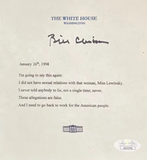 Bill Clinton Autographed In Black Mock White House Letter Monica Lewinsky 6x6