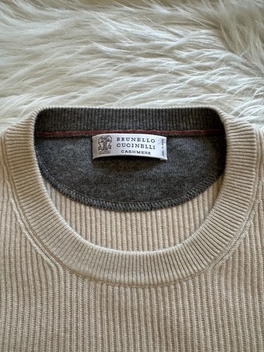 Suéter Pullover Brunello Cucinelli 100% Cachemira Tejido Acanalado Beige 52 - Imagen 3 de 6
