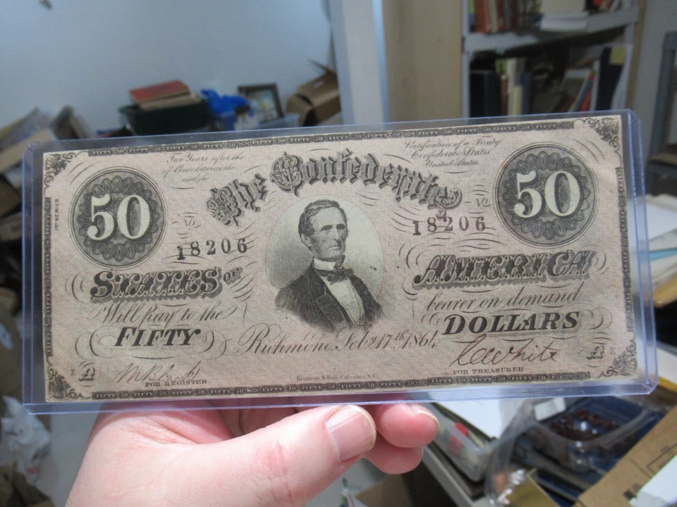 1864 CSA $50 Confederate Note T-66 Feb 17 Richmond Blue Back Clark & Elmore UNC. - Image 4 of 4