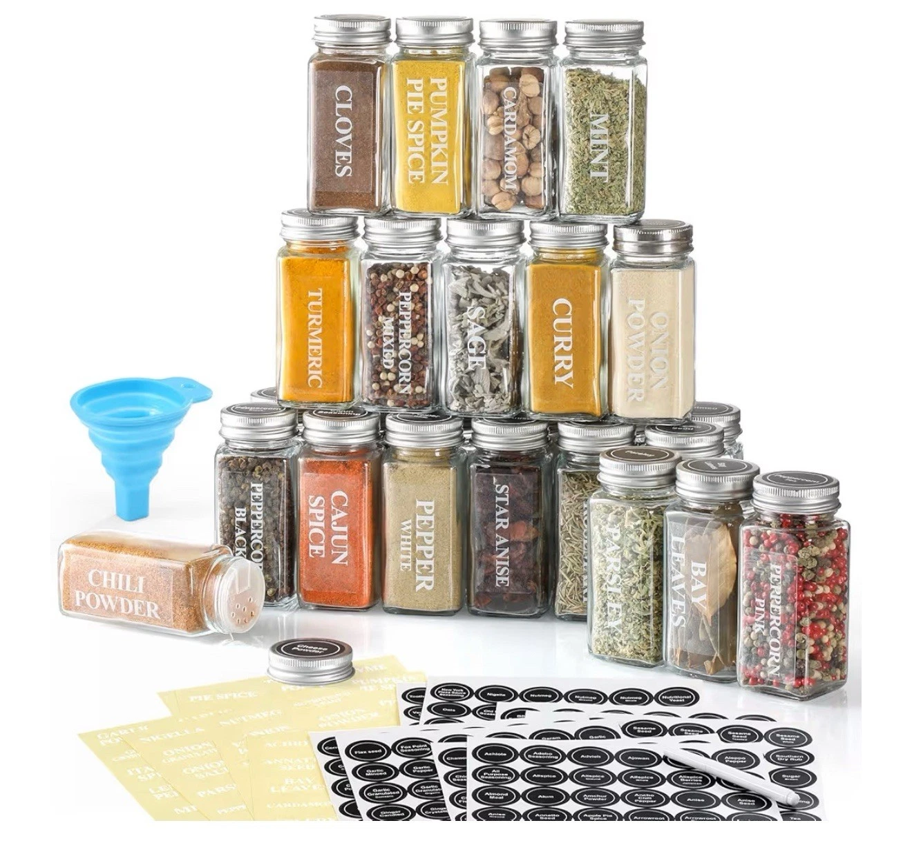 24 Pcs Glass Spice Jars with Labels 4oz Empty Square Spice Bottles Containe NWT