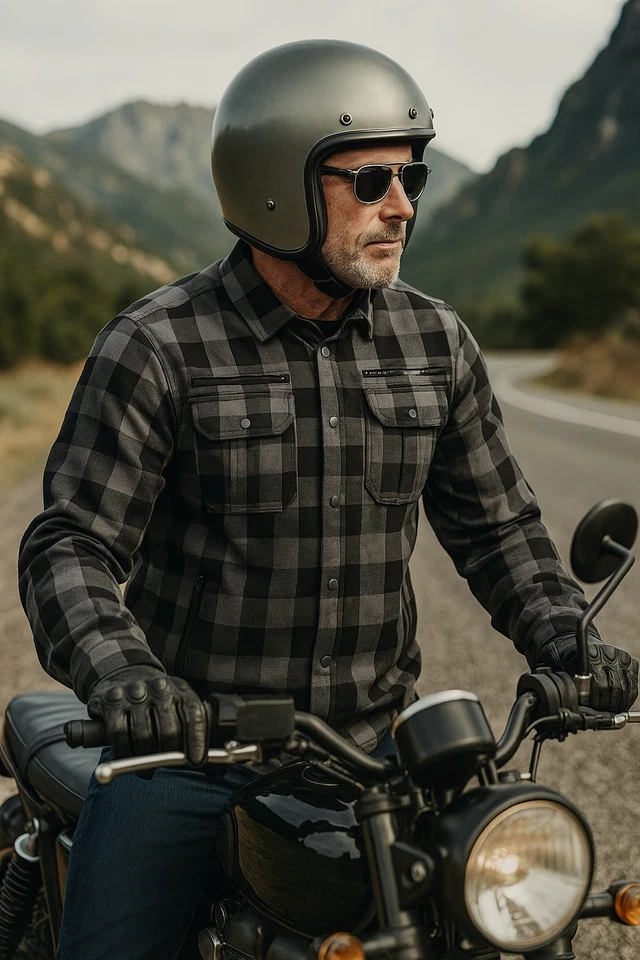 Men's Motorcycle Biker CE Armored Flannel Shirt with 2 Conceal Gun Pockets Grey - Image 2 of 4