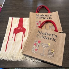 NEW MAKER’S MARK Whiskey table runner, CLOTH 30X52 And Two Burlap Bottle Bags