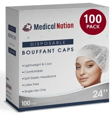 24" Hair Net Disposable Bouffant Caps |100 Pack, White| Hairnets, Hair Cover,...