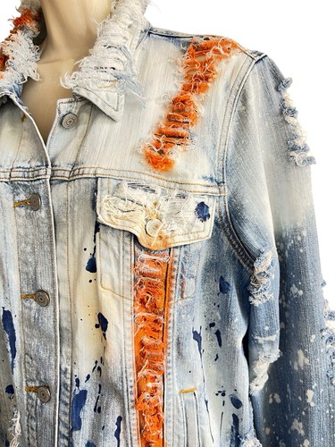 Levi’s Women’s Size L Distressed Ripped Neon Painted Denim Jacket Unique - Picture 5 of 22