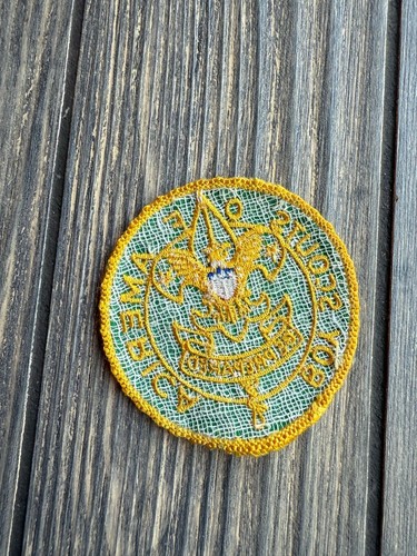 Patch ricamata Boy Scouts Of America rotonda verde e oro vintage da collezione - Foto 2 di 2