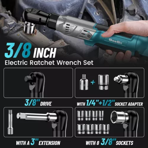Seesii 3/8" Power Cordless Ratchet Wrench 2*21V 2000MAH Electric Ratchet Driver - Picture 5 of 9