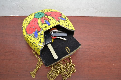GOLD TURQUOISE RED CORAL BLUE LAPIZ LOOK HANDMADE METAL PURSE T-1181D - Picture 4 of 4