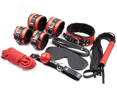 Red Faux Leather Fur Dungeon Wheel Restraint Kit Rope Whip Collar Blind Fold XXX