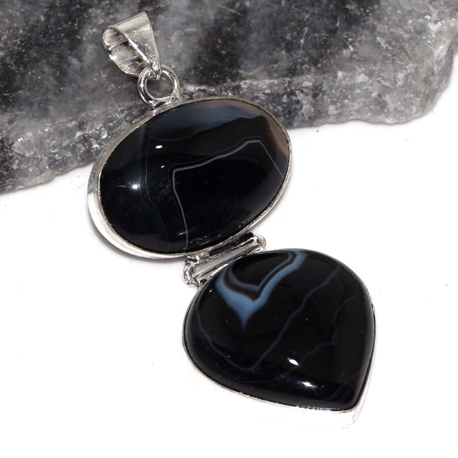 Banded Black Onyx 925 Silver Plated Pendant 2.5