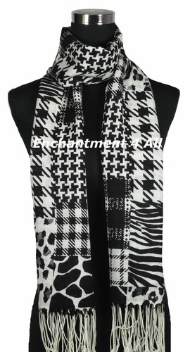 Handmade Stunning 2-Ply 100% Cashmere Shawl Wrap Scarf MIXED PATTERN Black/White - Picture 2 of 4