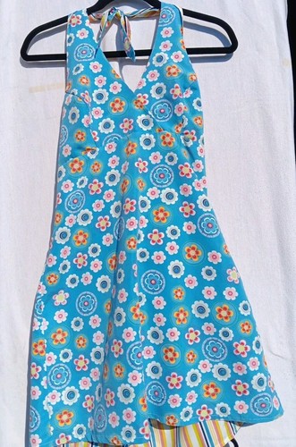 Womens Dress L Reversible Blue Flower Striped Halter Babydoll Mini Sundress Hipp - Picture 8 of 9