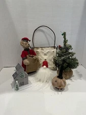 Primative Christmas Decorations Lot Of 6 Tree, Santa Bear, House and More